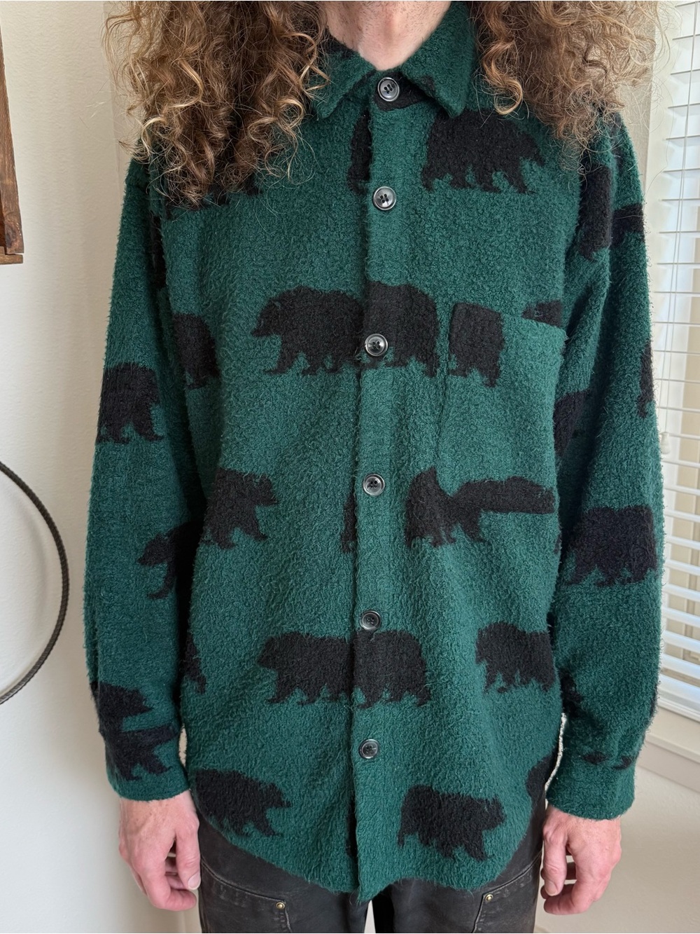 Vintage 90s Cashmere Bear AOP Fleece Button Down Shirt ~ Size Medium